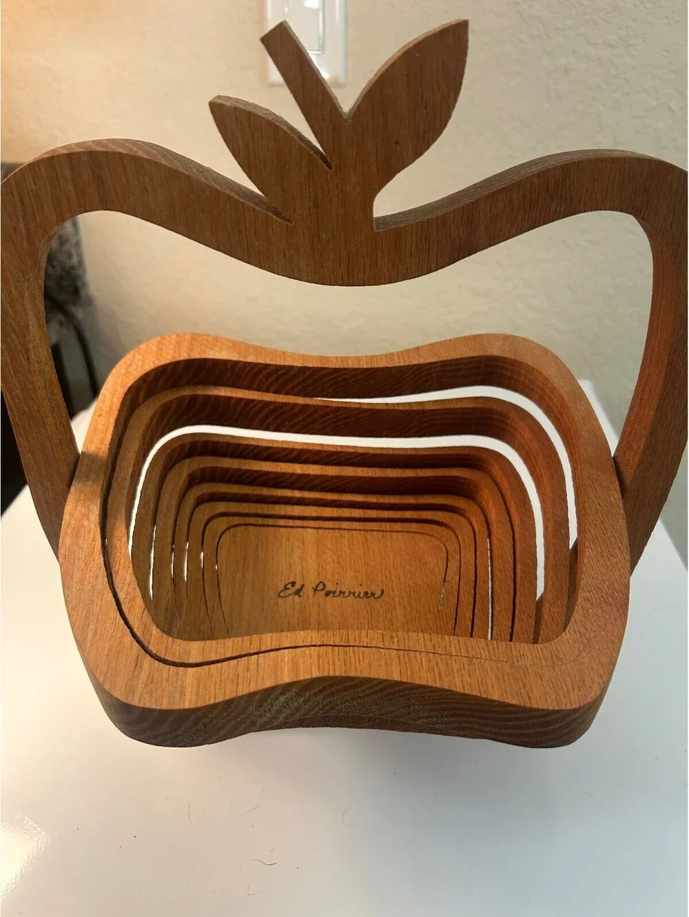 Vintage Collapsible Wood Apple Basket Folding Fruit Bowl Signed Ed Perrier